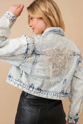 Acid Wash Stretch Denim Jacket with Pearl Embellishments – Light Wash