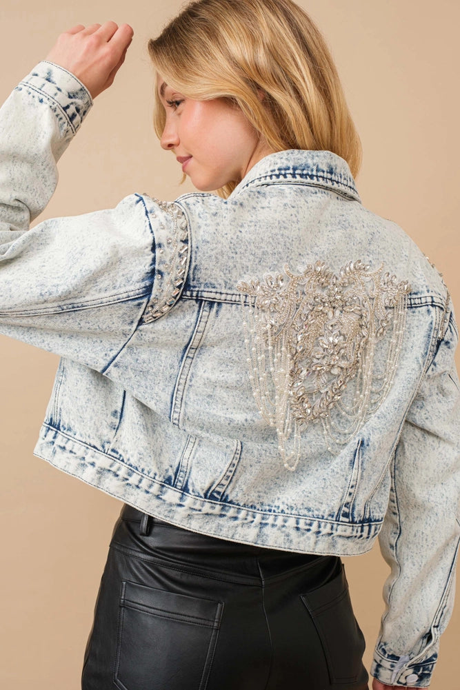 Acid Wash Stretch Denim Jacket with Pearl Embellishments – Light Wash