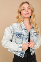 Acid Wash Stretch Denim Jacket with Pearl Embellishments – Light Wash