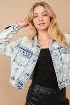 Acid Wash Stretch Denim Jacket with Pearl Embellishments – Light Wash