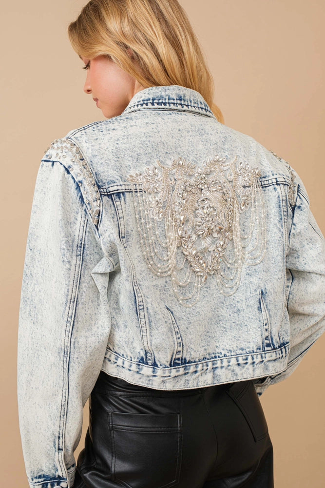 Acid Wash Stretch Denim Jacket with Pearl Embellishments – Light Wash