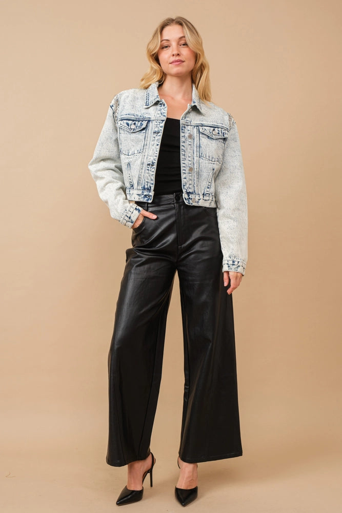 Acid Wash Stretch Denim Jacket with Pearl Embellishments – Light Wash