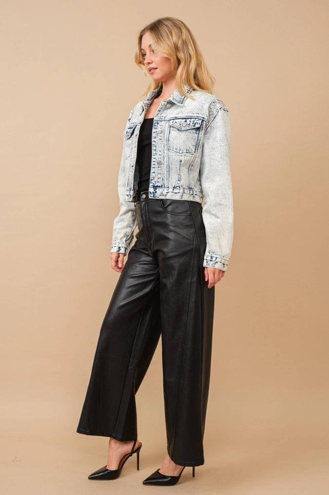 Acid Wash Stretch Denim Jacket with Pearl Embellishments – Light Wash