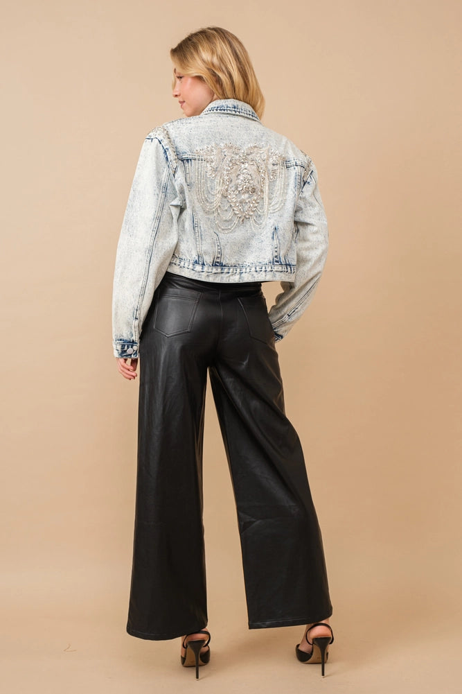 Acid Wash Stretch Denim Jacket with Pearl Embellishments – Light Wash